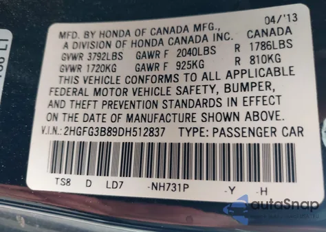 2013 Honda Civic Ex из США, поврежденный, VIN 2HGFG3B89DH512837